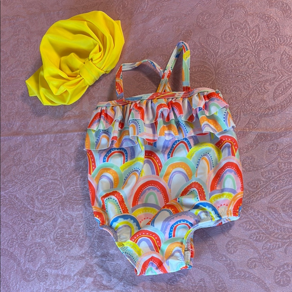Rainbow Patterned Kids Swimsuit with Yellow Headband